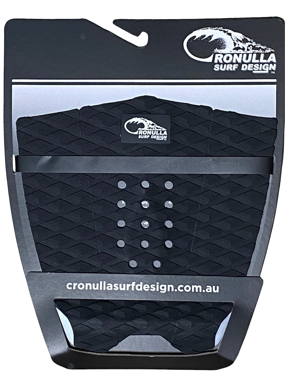 Black surfboard tail pad with Cronulla Surf Design logo on a white background
